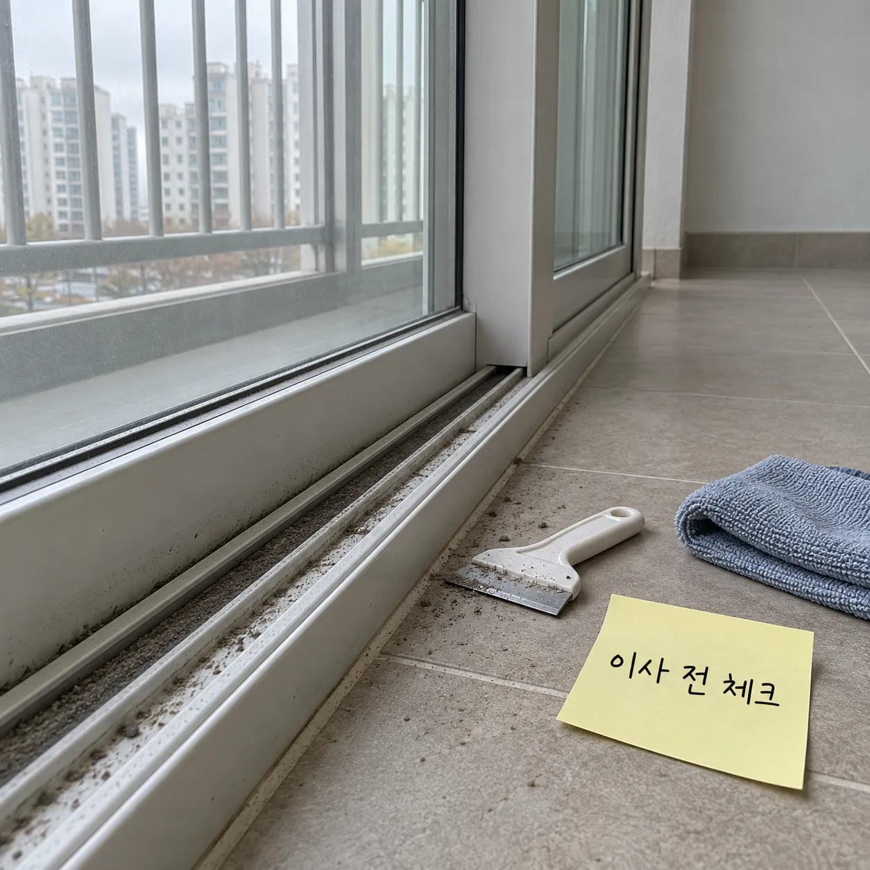 회색 먼지가 낀 미닫이 창틀 레일 옆 바닥에 작은 플라스틱 스크레이퍼와 접힌 천이 놓인 빈 베란다 연출 이미지