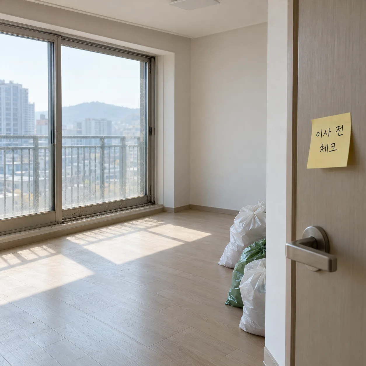 창문 레일에 먼지가 보이고 문 옆에 흰색과 녹색 봉투가 쌓여 있는 이사 후 빈 방 연출 이미지