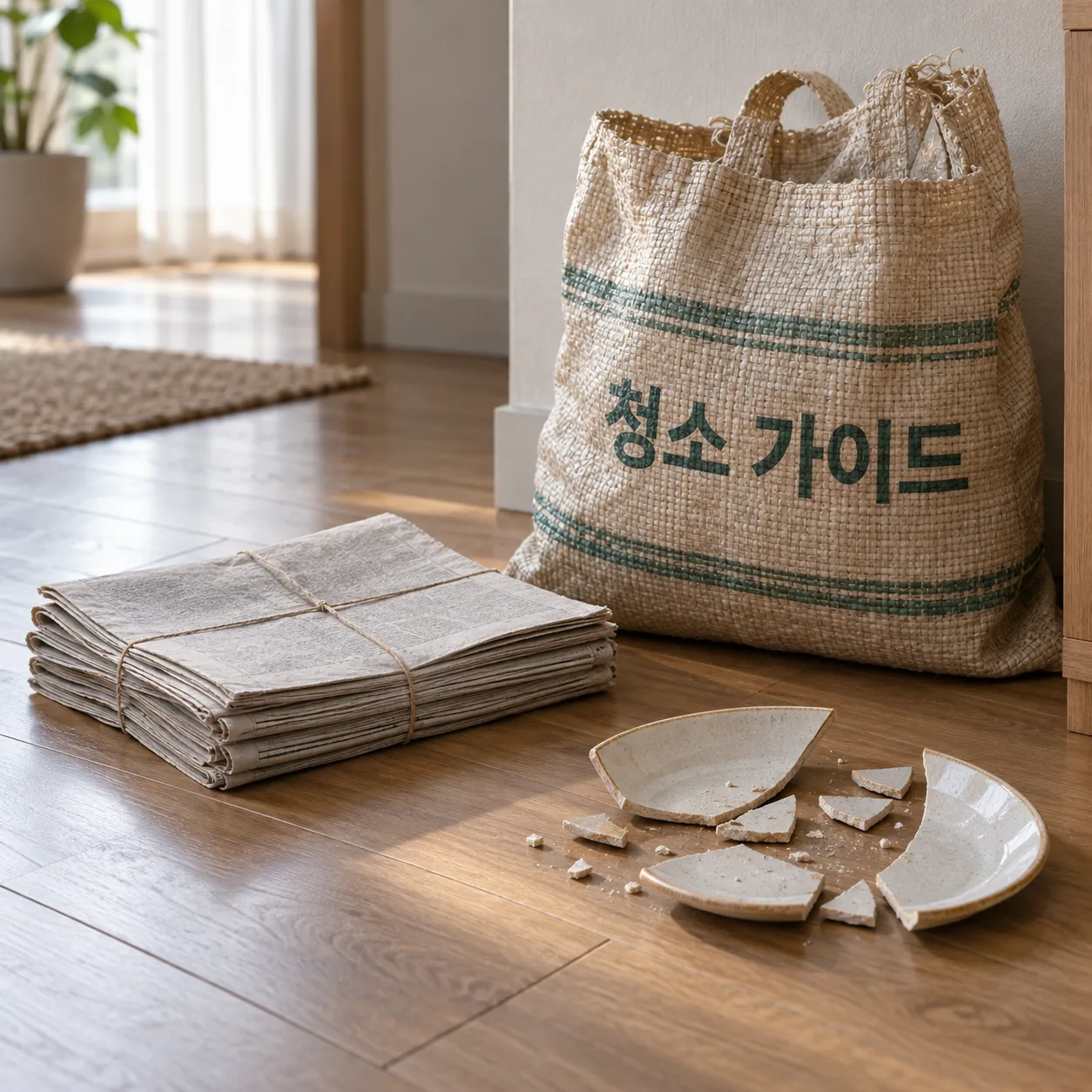 아파트 바닥에 신문지 꾸러미와 마대, 깨진 접시가 놓인 연출 이미지