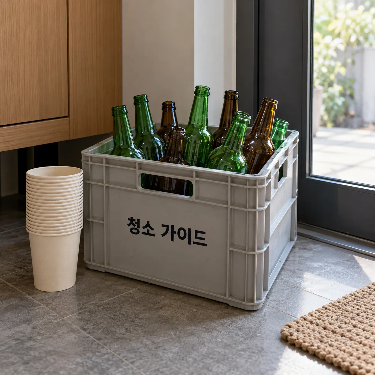 주방 현관 근처 바닥에 헹군 초록색·갈색 빈 병이 담긴 상자와 깨끗한 종이컵 더미가 놓인 연출 이미지