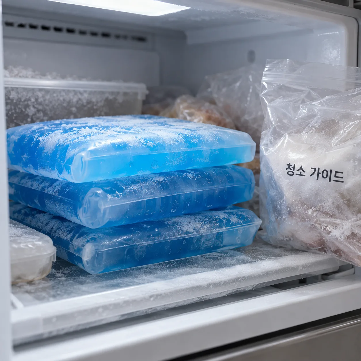열린 냉동실 선반 위에 쌓인 푸른 아이스팩과 투명 봉투 연출 이미지