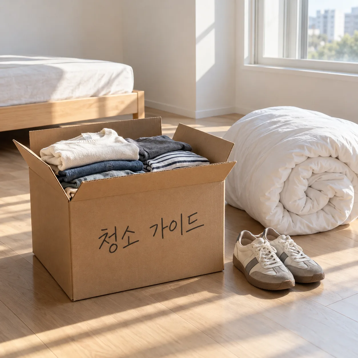 텅 빈 침실 바닥에 접은 옷 상자와 말아 둔 이불, 신발이 놓인 연출 이미지