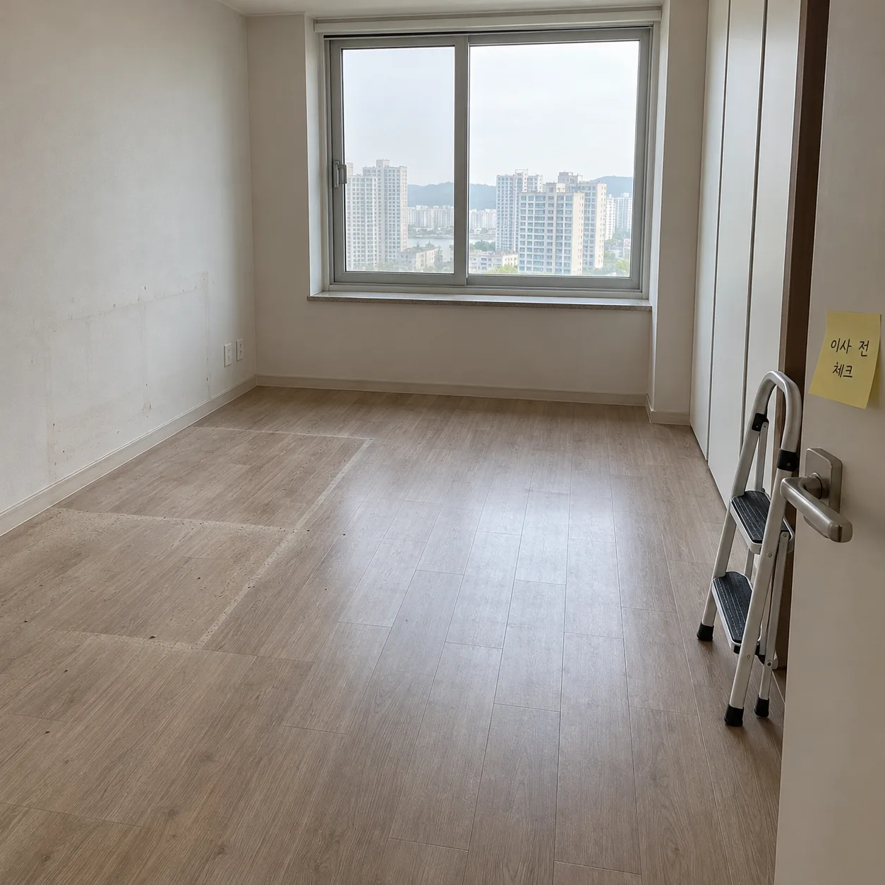 짐이 빠진 원룸 바닥에 책상 자리 먼지 윤곽이 남아 있고 문 옆에 접이식 발판이 놓인 연출 이미지
