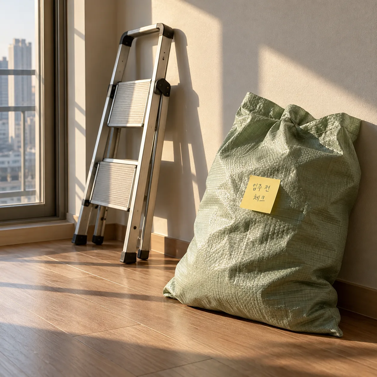 빈 거실 구석 벽에 연한 녹색 자루가 기대어 있고 접이식 사다리가 놓인 연출 이미지