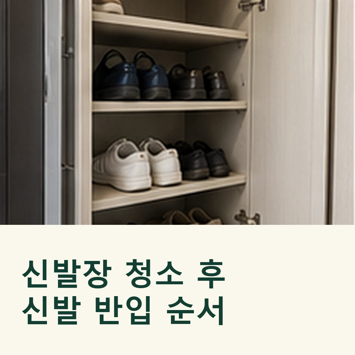 빈 현관 신발장 앞에서 선반 위치를 확인하고 신발 반입을 준비하는 정사각형 연출 이미지