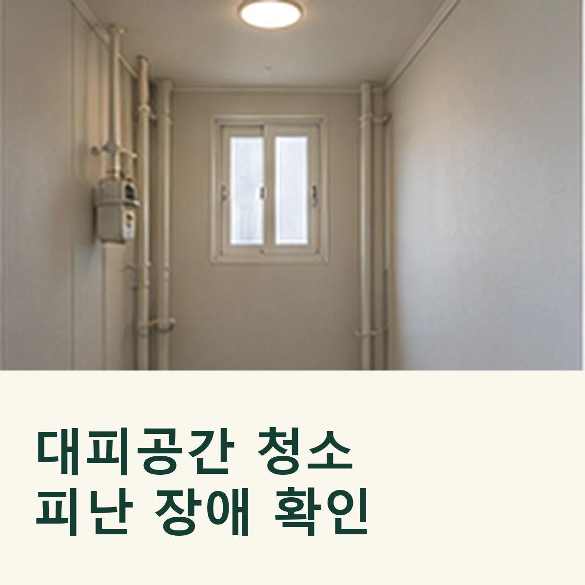 아파트 대피공간에서 방화문과 경량칸막이 주변의 피난 장애 여부를 확인하는 정사각형 연출 이미지