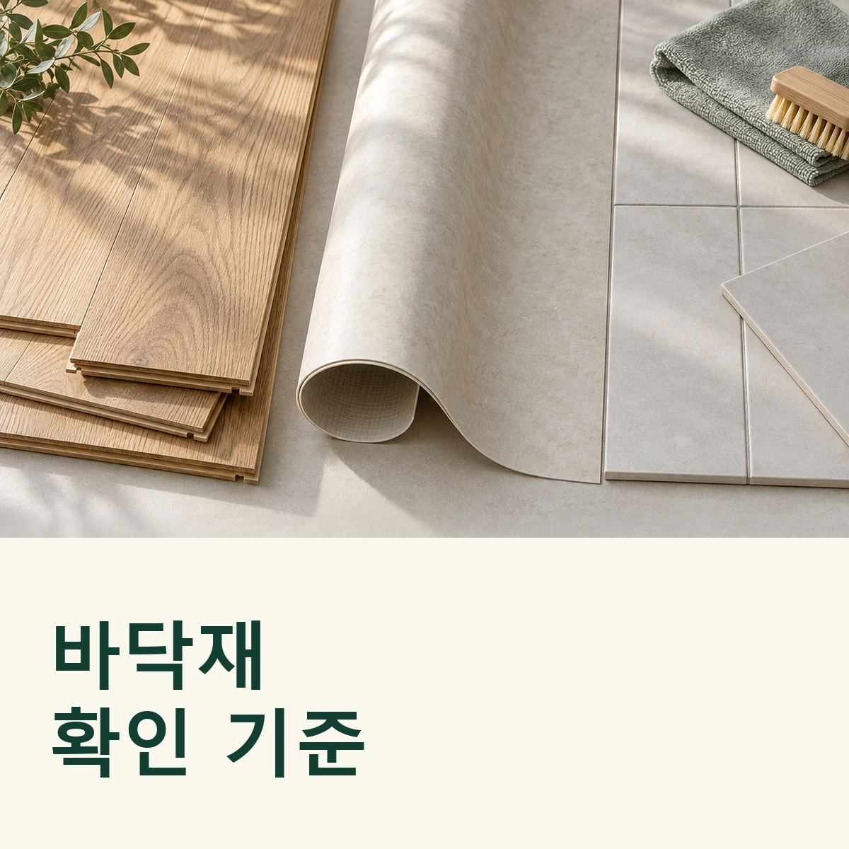 강마루·PVC 시트·세라믹 타일 세 바닥재가 한 공간에서 분명히 나뉜 정사각형 연출 이미지