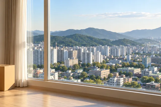광역시 도심의 아파트와 낮은 산이 보이는 풍경 연출 사진