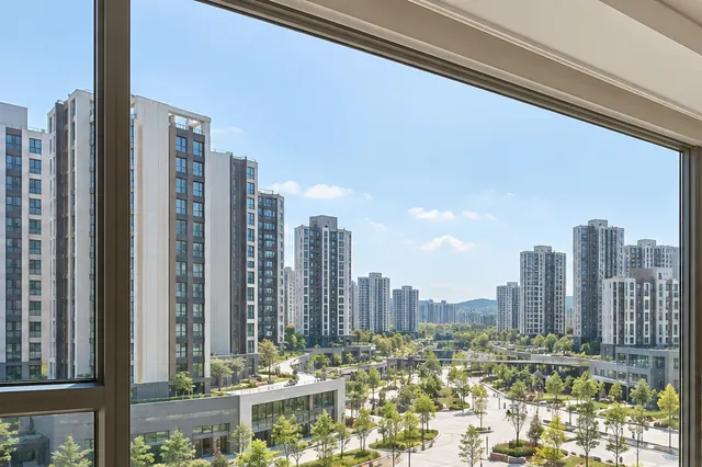 계획도시의 아파트 단지와 넓은 광장 풍경 연출 사진