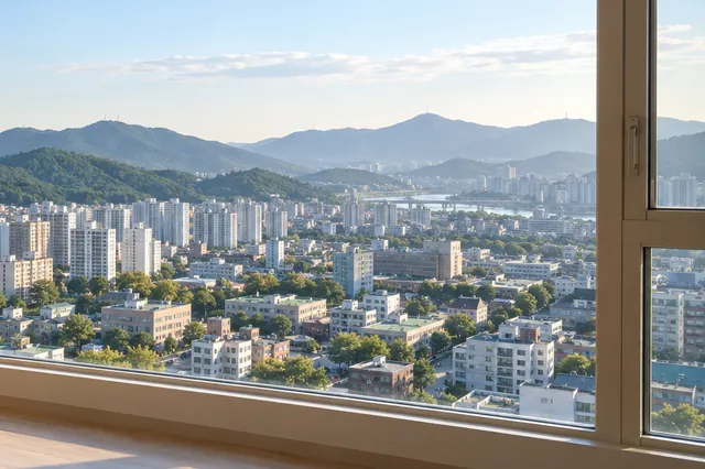 광역시 도심의 아파트와 낮은 산이 보이는 풍경 연출 사진